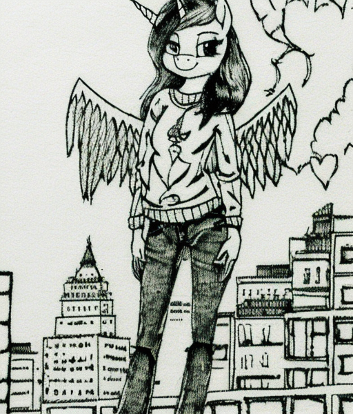 00451-250025809-gvgtgm traditional print lineart drawing, solo anthro female unicorn pony with wings, sweater and jeans, city, night.png